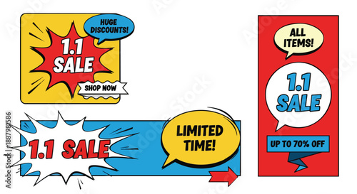 Dynamic 1.1 sale promotional banners in vibrant comic pop art style on white for digital advertising campaigns