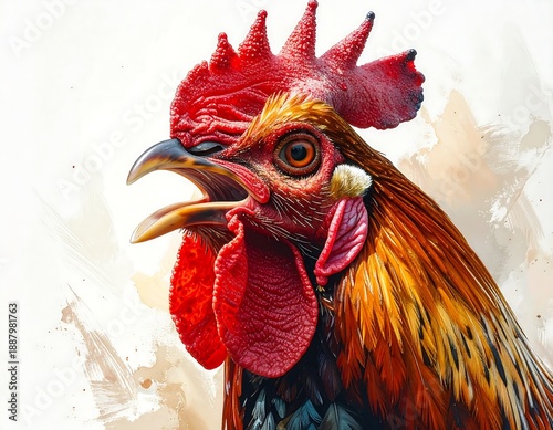 A vibrant close-up portrait of a rooster with its beak open, showcasing rich plumage and a comb. Watercolor style