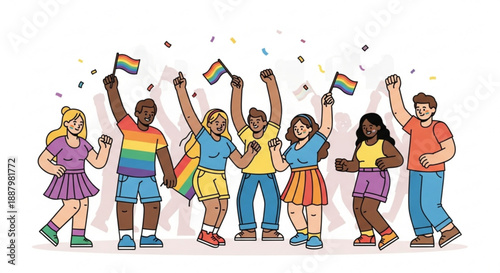 Diverse group of people celebrating pride month with rainbow flags and confetti