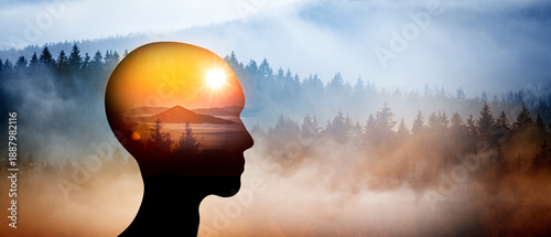 Silhouette einer person mit klarer imagination vor einer Nebellandschft