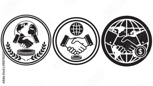 Badge Icon Of A Handshake Encircling A Globe With Central Coin Representing Global Partnership, Cross-Border Payments And Trusted Financial Collaboration