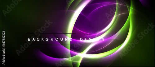 Abstract design features flowing lines, vibrant colors. Green, purple hues create dynamic visual effect. Modern background element.