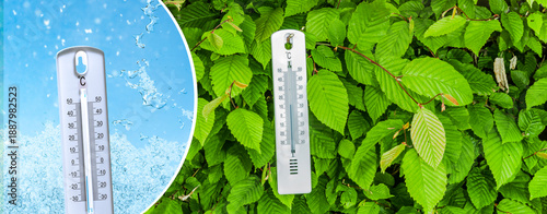 Collage aus warmem und kaltem Hintergrund  mit einem Thermometer