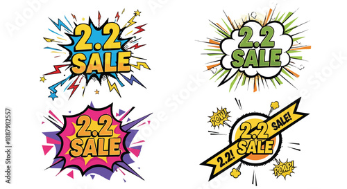 Dynamic 2.2 Sale comic style banners with explosive pop art backgrounds for eye-catching promotional graphic design elements