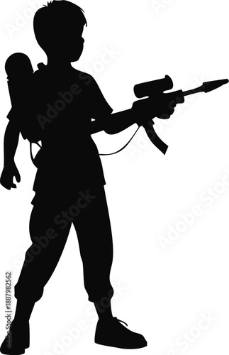 Boy Holding A Water Blaster Like A Soldier Silhouette