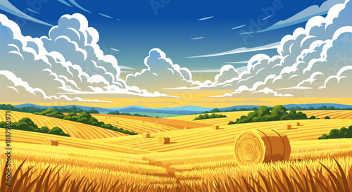 Golden Fields Harvest Landscape Vector Illustration with Hay Bales under a Cloudy Sky
