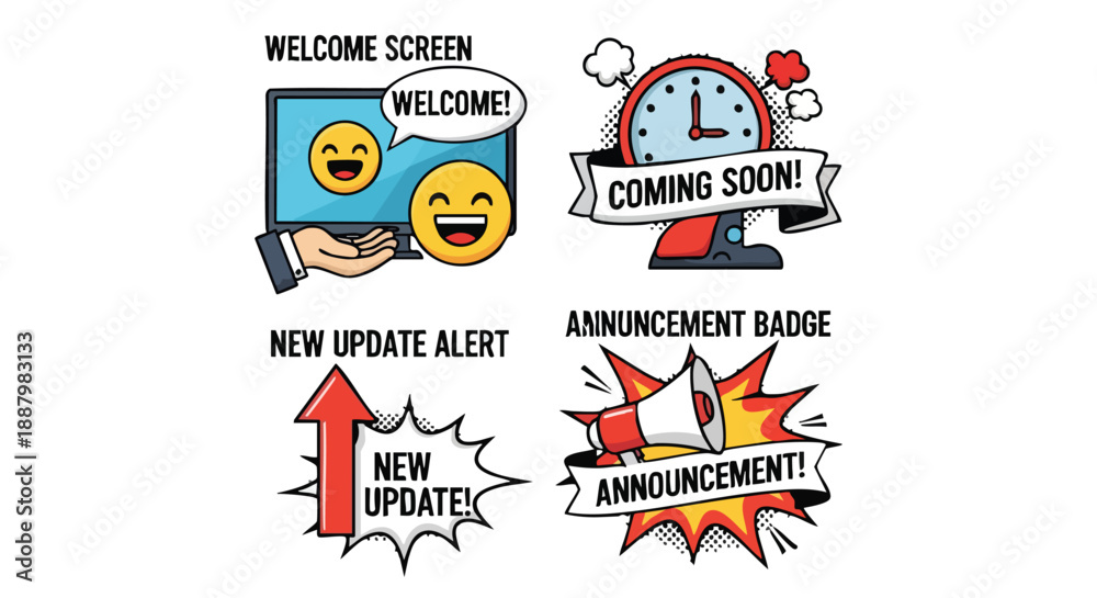 Naklejka premium A collection of digital interface notification and alert icons in a vibrant cartoon style for web and application design