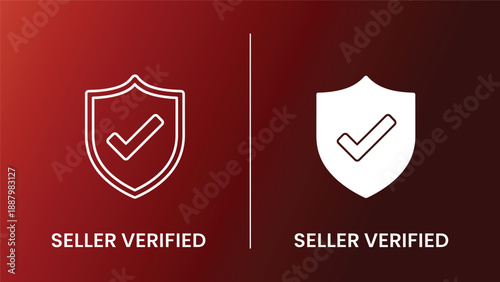 Verified seller badge icons with checkmark shields on gradient red backgrounds for trust and security