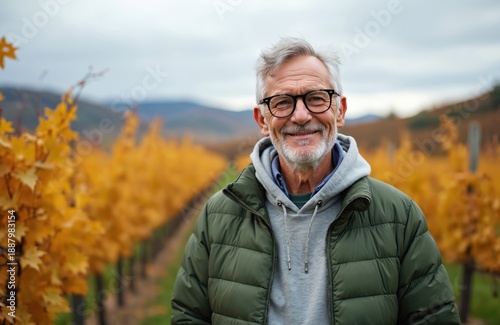 Smiling elderly man in glasses stands in autumn vineyard wearing padded jacket. Rows of yellow vines stretch to hills. He looks happy and healthy enjoying fall scenery outside.