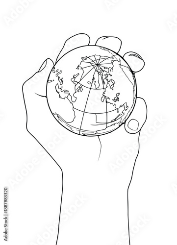 Line drawing of a hand holding a globe, depicting continents and latitude lines. The image conveys themes of global responsibility and care.