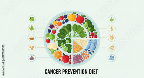 Colorful cancer prevention diet plate with various fruits and vegetables