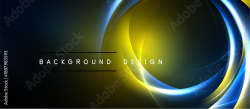 Abstract neon lines create circular shapes. Yellow, blue hues dominate dark background. Modern design element for digital projects.