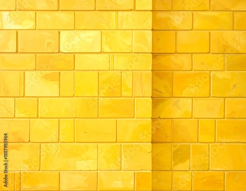 A vibrant, close-up shot of a bright yellow brick wall, split vertically with a noticeable shadow on the right side