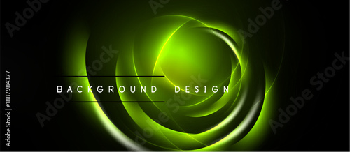 Abstract green lines swirl, creating luminous circular design over black background. Text reads background design. Simple, modern aesthetic.