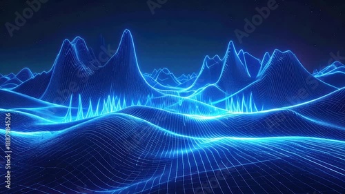Glowing blue topographical map with a grid, depicting a mountainous landscape under a dark sky