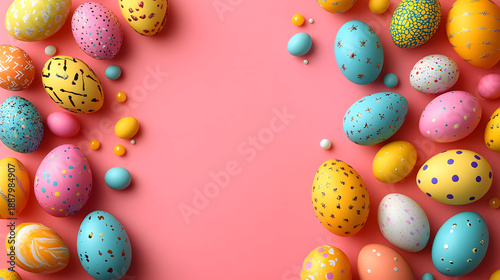 Colorful decorated eggs and candies on a pink background for Easter celebration or spring event