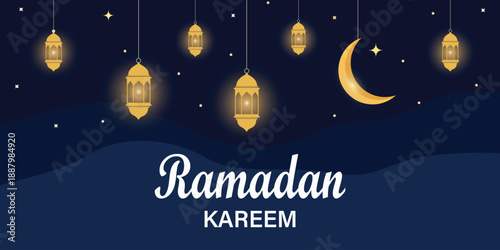 Ramadan Kareem: Illuminated lanterns and a crescent moon grace a deep blue canvas, heralding the arrival of Ramadan, a time of reflection and spiritual growth.