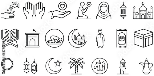 Sacred Symbols: An array of detailed line illustrations representing elements of a particular faith, showcasing their values, practices, and places of worship.