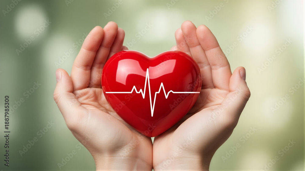 Fototapeta premium Hands gently holding a glossy red heart with a white heartbeat line against a soft green bokeh background, representing cardiovascular health and medical care