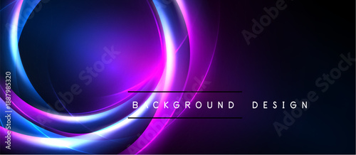 Abstract neon lights create dynamic curves, vibrant purple hues dominate dark background. Modern design element.