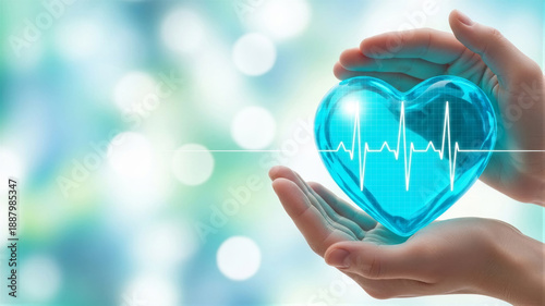 Hands holding a translucent blue heart with a white heartbeat line against a soft blue bokeh background, representing digital health monitoring and modern cardiology