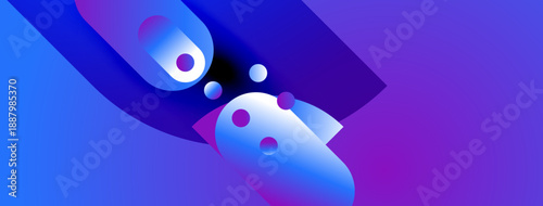 Abstract shapes blend, creating vibrant blue, purple gradients. Dynamic composition suggests movement, energy, modern design aesthetic.