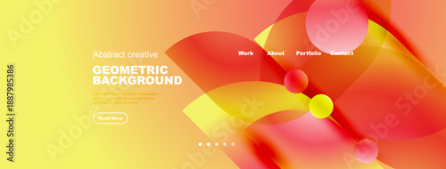 Bright abstract design features colorful spheres, gradients. Website header includes navigation options, button. Modern, dynamic visual style.