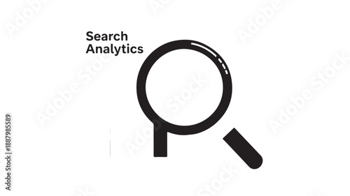 Simple black magnifying glass icon with search analytics text.