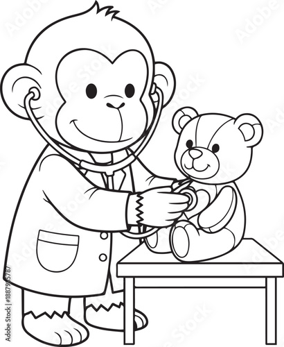 Cute cartoon teddy bear doctor holding a bottle and wearing a stethoscope smiling happily