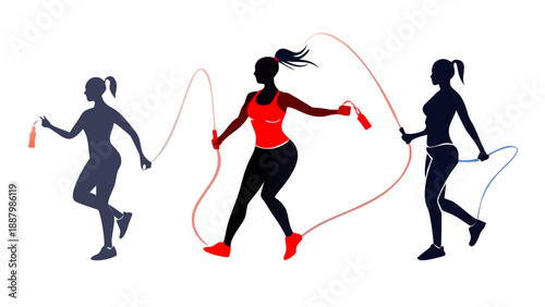 Dynamic silhouette of a woman skipping rope, high-intensity cardio workout and weight loss motivation vector