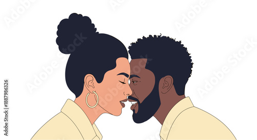 Flat vector illustration of an intimate couple facing each other closely, soft colors and emotional mood, ideal for love, romance, trust, and deep connection concepts.