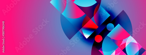 Abstract geometric shapes blend vibrant pinks, blues, reds. Dynamic composition creates modern visual impact. Smooth gradients enhance depth.