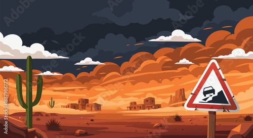 Desert road trip with a caution sign in a vector illustration of a desolate landscape with clouds and a cactus