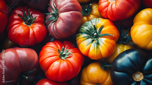 A collection of colorful heirloom tomatoes with varying shapes and sizes.