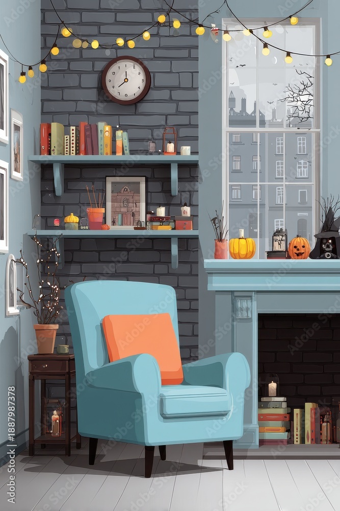 Naklejka premium Cozy blue armchair in autumn living room with pumpkins, string lights and decorative shelves