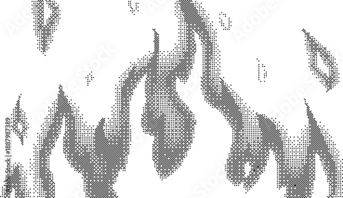 Abstract dithered fire flame patterns in retro black and white halftone pixel art style