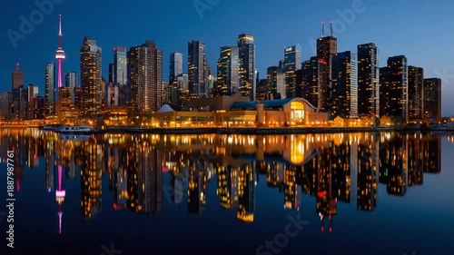 Cityscape Reflected: A stunning panorama of a city skyline at dusk, mirrored perfectly in the tranquil waters below, creating a captivating display of urban beauty.