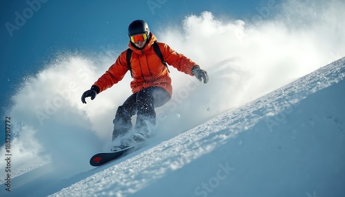 Man in orange jacket snowboarder speed ride on snowy mountain slope spraying white powder snow. Extreme winter sport action in resort, blue sky.