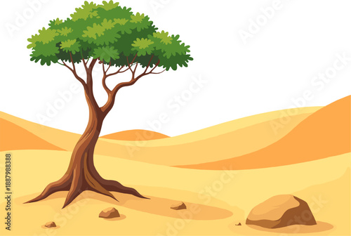 Cartoon desert landscape with sand dunes and lone tree. Warm colors and clean shapes, perfect for backgrounds, illustrations, games and educational content.