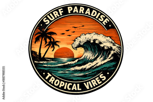 Retro Surf Paradise Badge Vector Logo. Vintage Ocean Wave, Palm Trees, and Tropical Sunset Graphic for T-shirt Apparel Design.