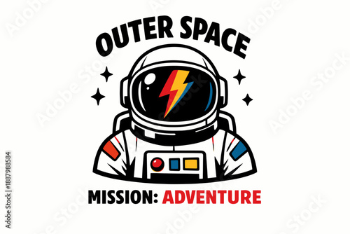 Outer Space Mission Adventure T-Shirt Design. Retro Astronaut Helmet with Lightning Bolt Reflection Vector Graphic.