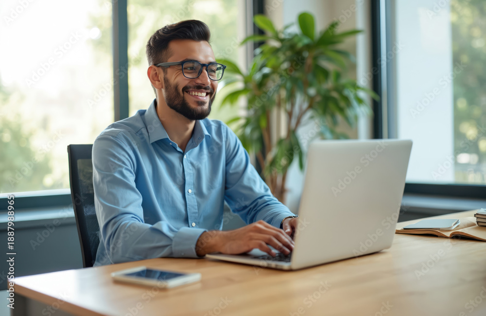 Fototapeta premium Young man works on laptop at desk in modern office. He smiles confidently while looking at screen, wearing glasses and blue shirt. Phone and notebook are nearby on table.