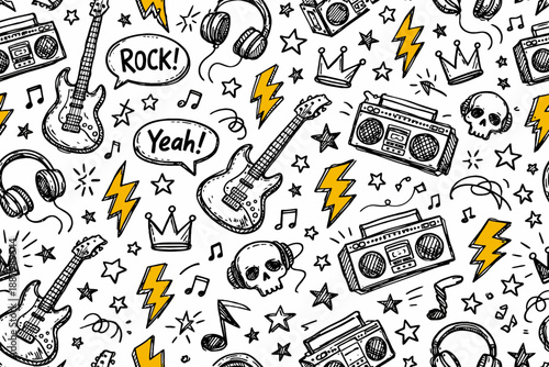 Seamless Rock Music Doodle Pattern. Hand Drawn Sketch Background with Electric Guitar, Boombox, Skull, Crown, and Lightning Bolt Elements.