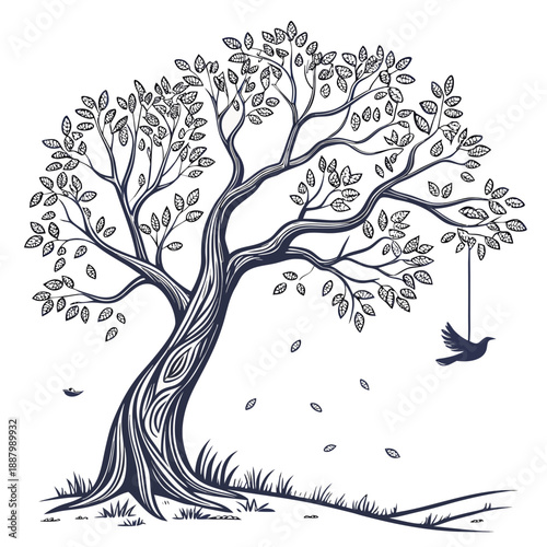 Tree with swing and bird