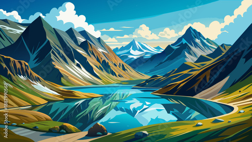 Very beautiful Bâlea Lake along the Transfăgărășan road reflects dramatic alpine peaks and glacial surroundings, showcasing Romania’s high-altitude mountain landscape with crystal water and breathtaki