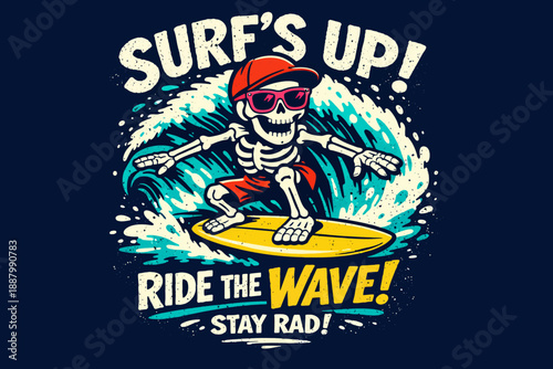 Rad Skeleton Surfer Retro Graphic: Surf's Up! Riding the Wave Typography Vector Illustration for T-Shirt and Apparel Design.