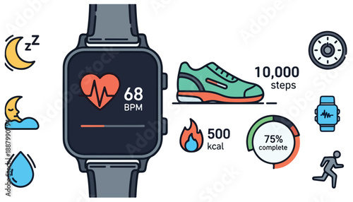 A smartwatch displaying heart rate, surrounded by icons representing various health and fitness tracking features like sleep, steps, calories, and hydration.