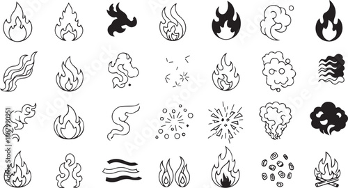 Large Collection of Fire Flame and Smoke Vector Icons Set in Line Art and Silhouette Style for Graphic Design