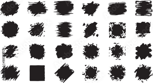 Collection of Artistic Black Grunge Brush Strokes Paint Splatters and Hand Drawn Ink Texture Shapes for Modern Graphic Design