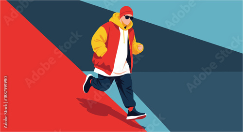 Dynamic illustration of a stylish young individual running with energy, showcasing modern urban fashion against a vibrant, geometric background.